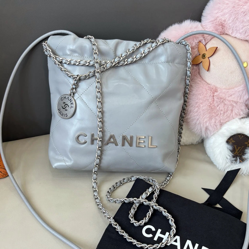 Chanel 22Bag Mini Calfskin Chain Shoulder Crossbody Gray Silver Women Classic