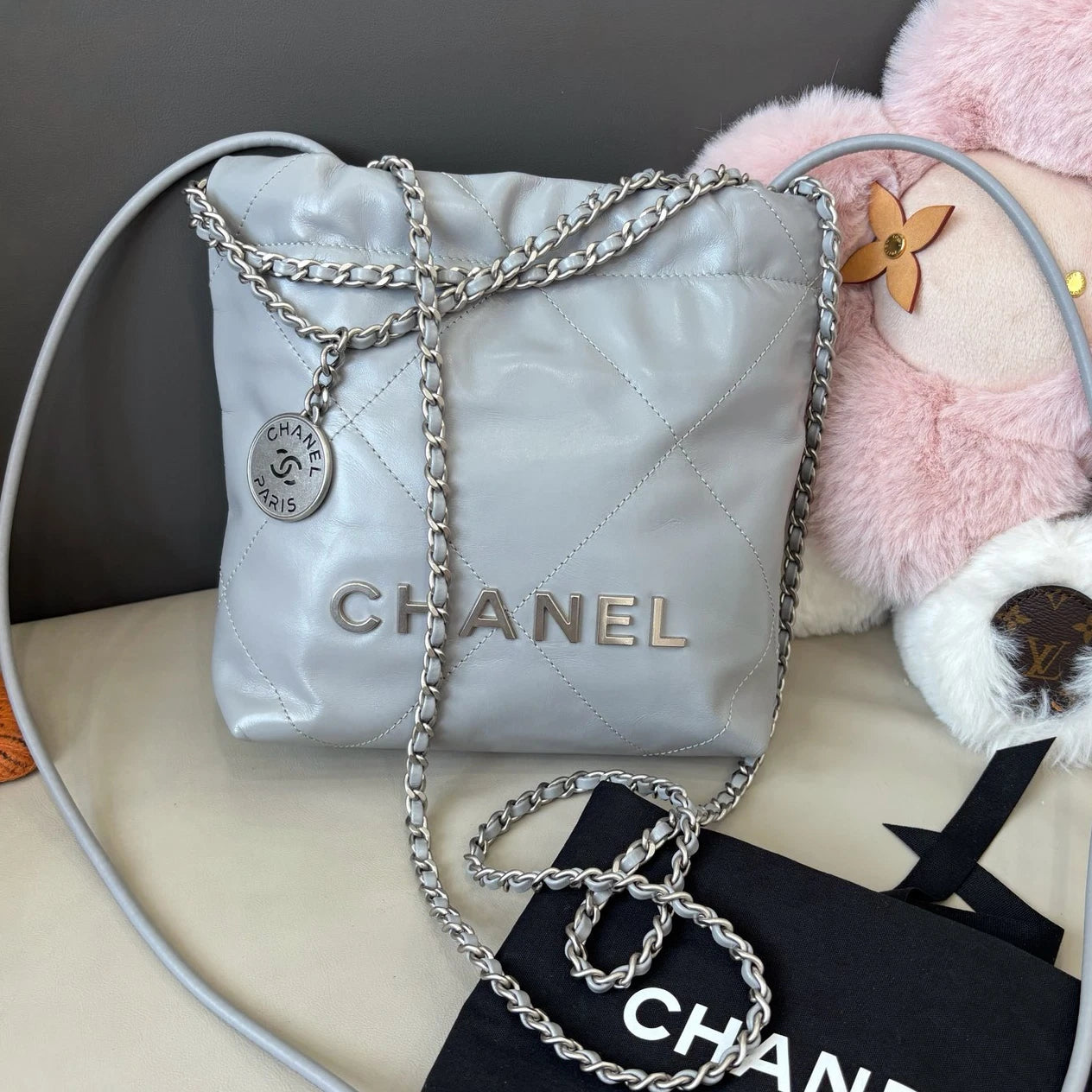 Chanel 22Bag Mini Calfskin Chain Shoulder Crossbody Gray Silver Women Classic