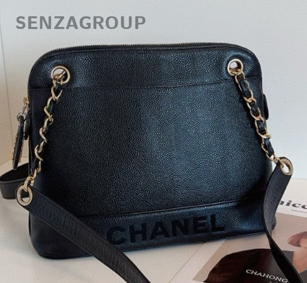 Chanel Calfskin Chain Shoulder Bag Black Gold Women Classic Vintage