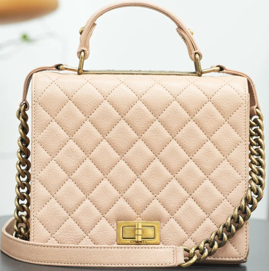 CHANEL Top Handle Diamond pattern Handbag Pink Gold Shoulder bag
