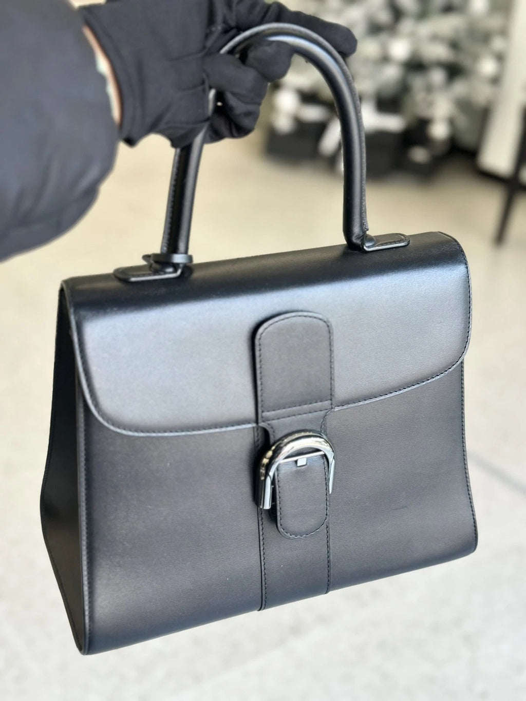 Delvaux Brillant Box GM Calfskin Top Handle Crossbody Bag Black Silver Women S