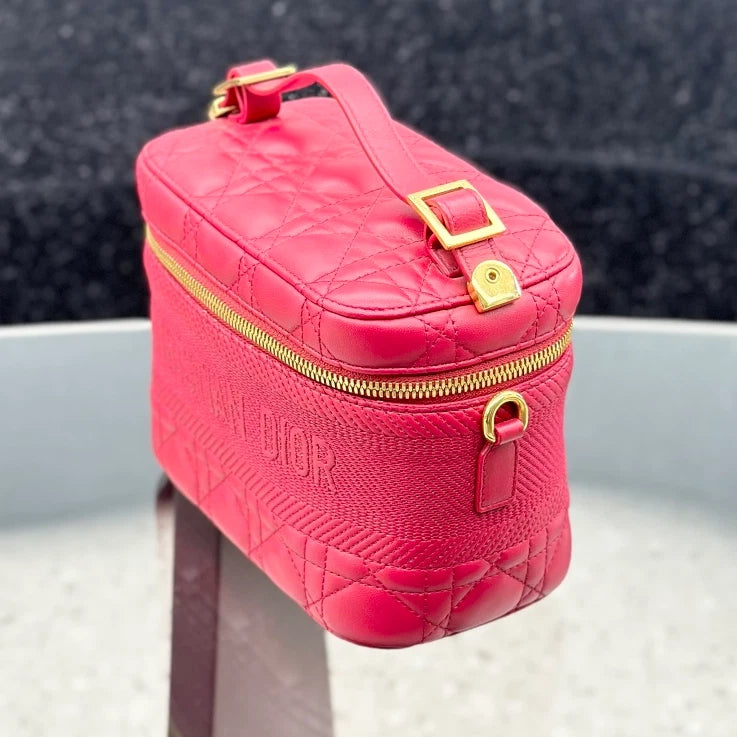 Christian Dior Travel Bag Calfskin Vanity Case Top Handle Bag Red Gold Women S
