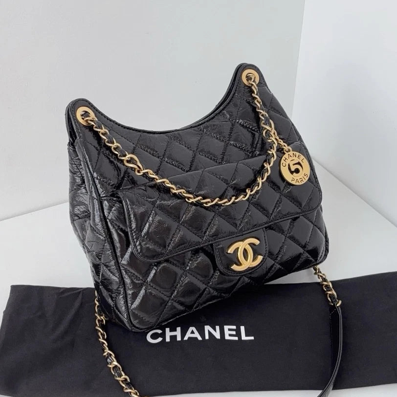 Chip Version Chanel Hobo MM Diamond Gold Chain Black Shoulder Bag Crossbody