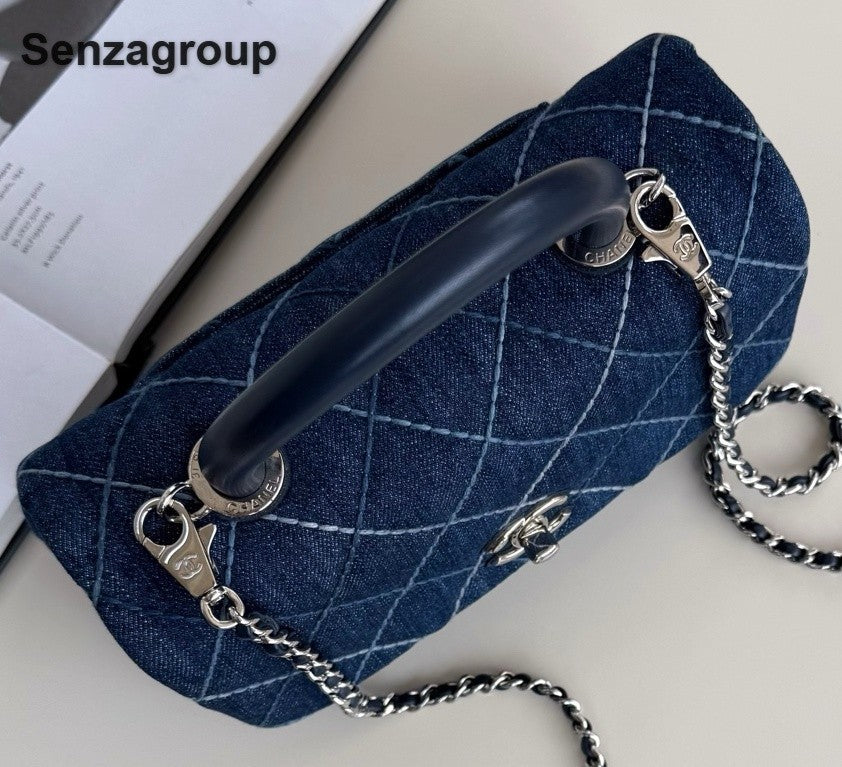 Chanel Coco Handle Denim Chain Top Handle Crossbody Blue Silver Women Diamond