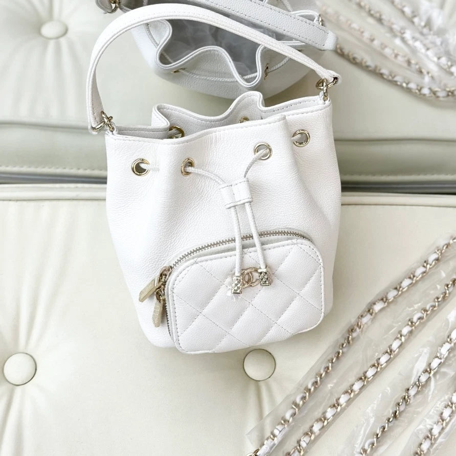 Chanel Bucket Mini Calfskin Shoulder Crossbody Bag White Gold Women Fashion S