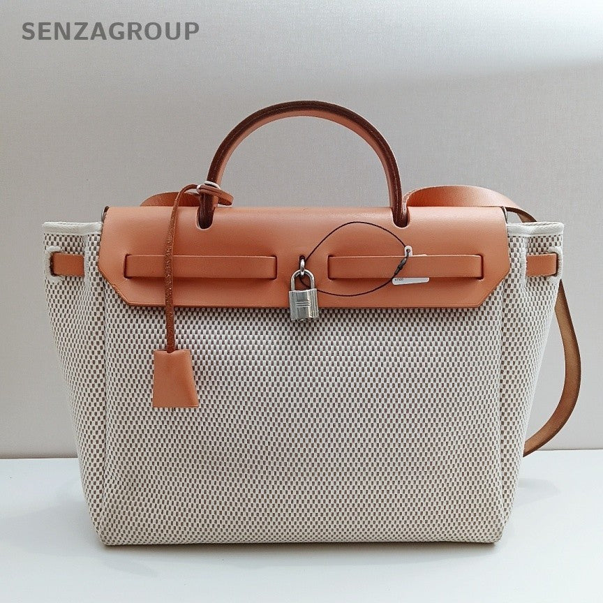 Hermes Herbag Vintage Top Handle Bag Crossbody Beige Orange Silver Women Classic