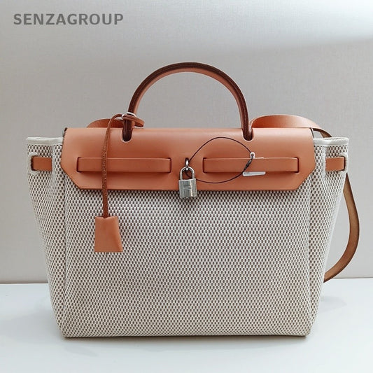 Hermes Herbag Vintage Top Handle Bag Crossbody Beige Orange Silver Women Classic