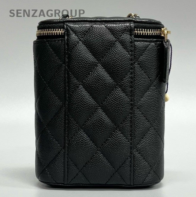 Chanel Calfskin Diamond Chain Shoulder Bag Crossbody Black Gold Used Women