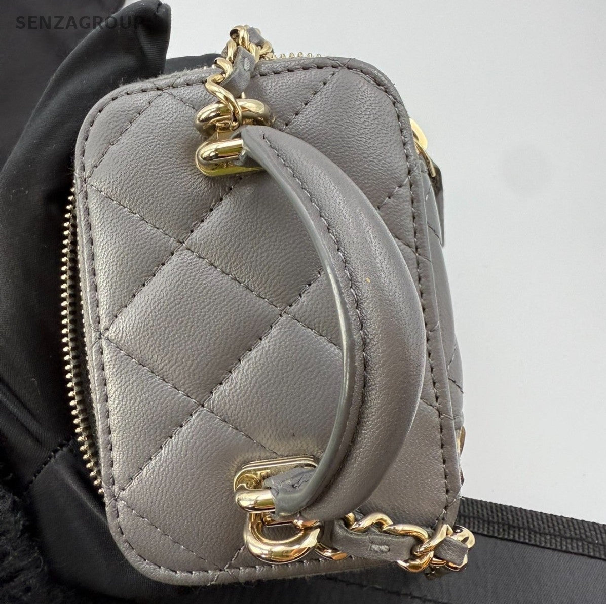 Chanel Vanity Case Lambskin Mini Top Handle Shoulder Crossbody Gray Gold Women