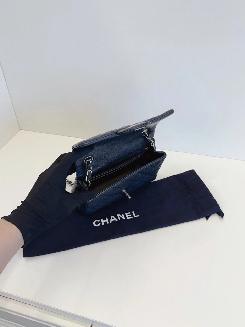 Chanel Flap Mini Crossbody Shoulder Bag Black Silver Excellent