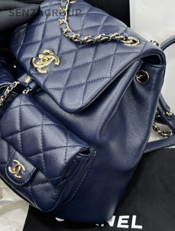 Chanel Duma MM Calfskin Backpack Blue Gold Used Women Classic