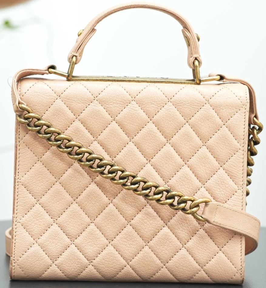 CHANEL Top Handle Diamond pattern Handbag Pink Gold Shoulder Bag - Pre-Owned