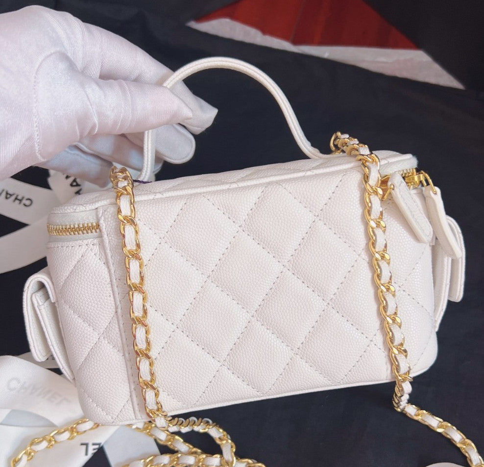 Chanel Cargo Calfskin Vanity Case Top Handle Chain Crossbody White Gold Women