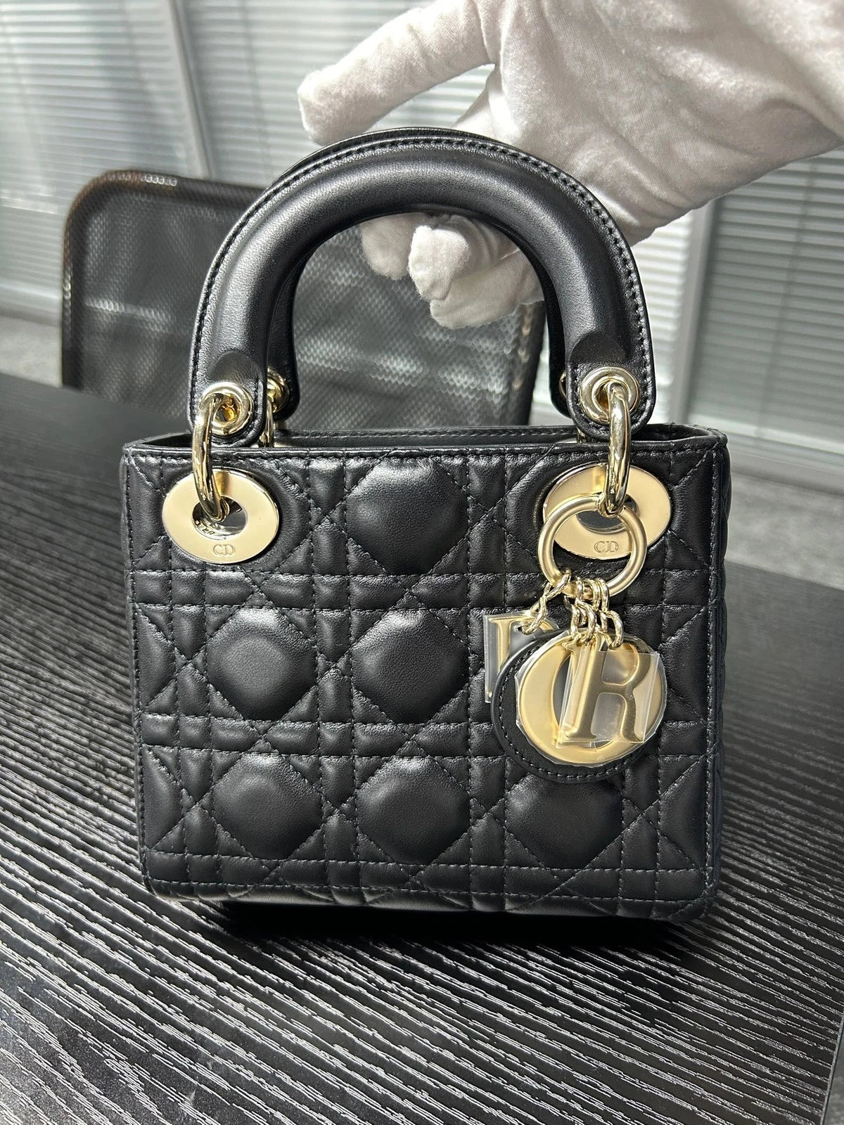 Dior Black Gold Lambskin 3-grid Lady Dior Chain Shoulder Bag For Women