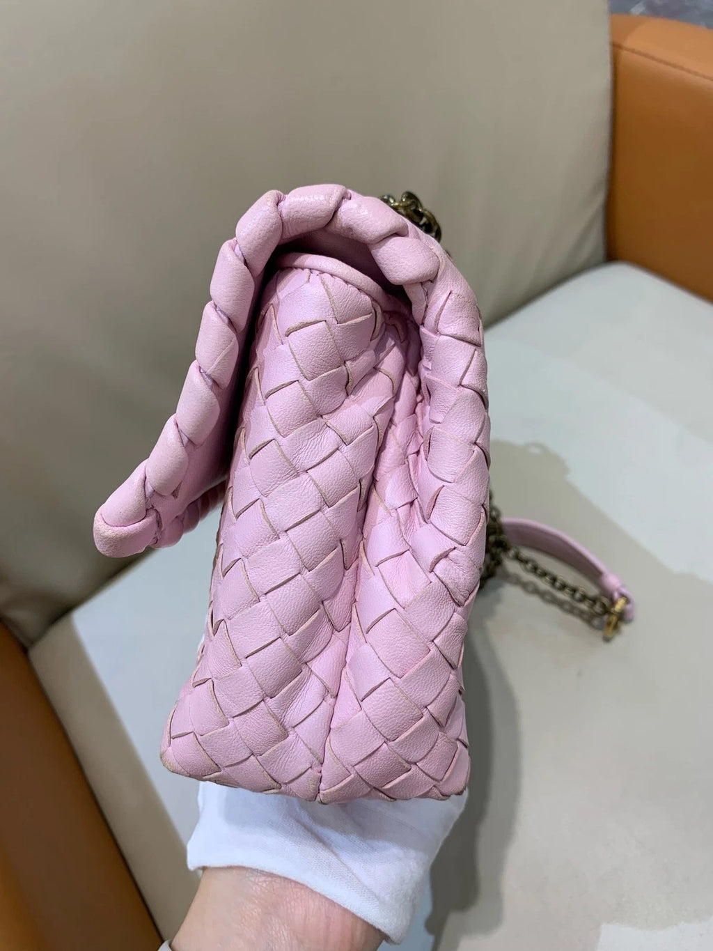 Bottega Veneta Small Olympia Pink Woven Lambskin Shoulder Crossbody Women