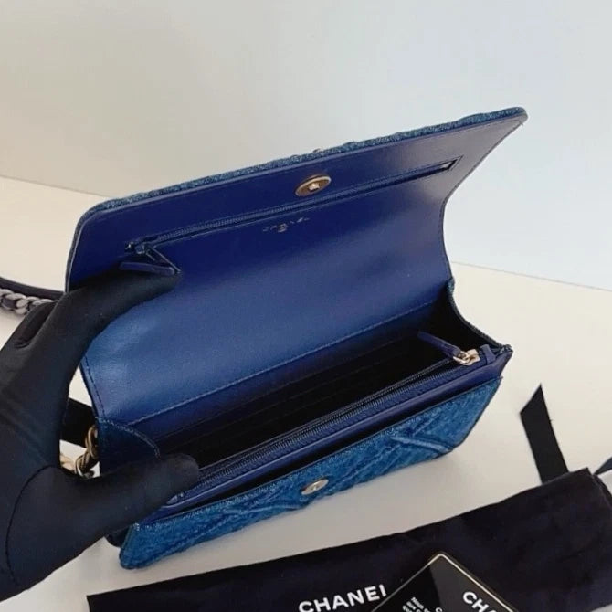 Chanel 19Bag WOC Denim Chain Top Handle Crossbody Blue Gold Women Classic