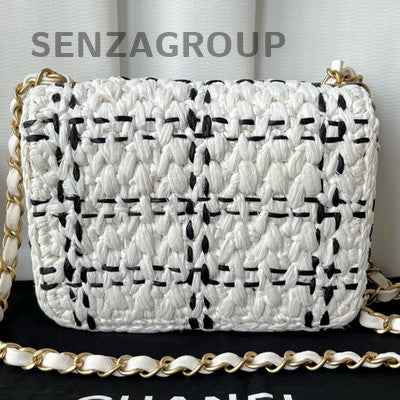 Chanel CF Black White Raffia Chain Shoulder Crossbody Bag Women