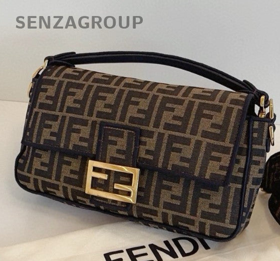 Fendi Baguette MM Top Handle Bag Crossbody Brown Gold Women Classic Designer