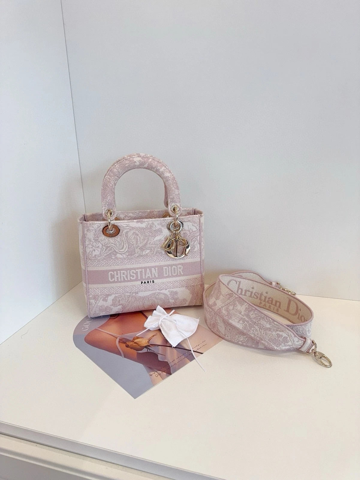 Dior Pink Canvas Embroidered Lady D-Lite Top Handle Bag Women