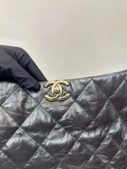 CHANEL Black Silver Oil Wax Leather Hobo Shoulder Bag For Women