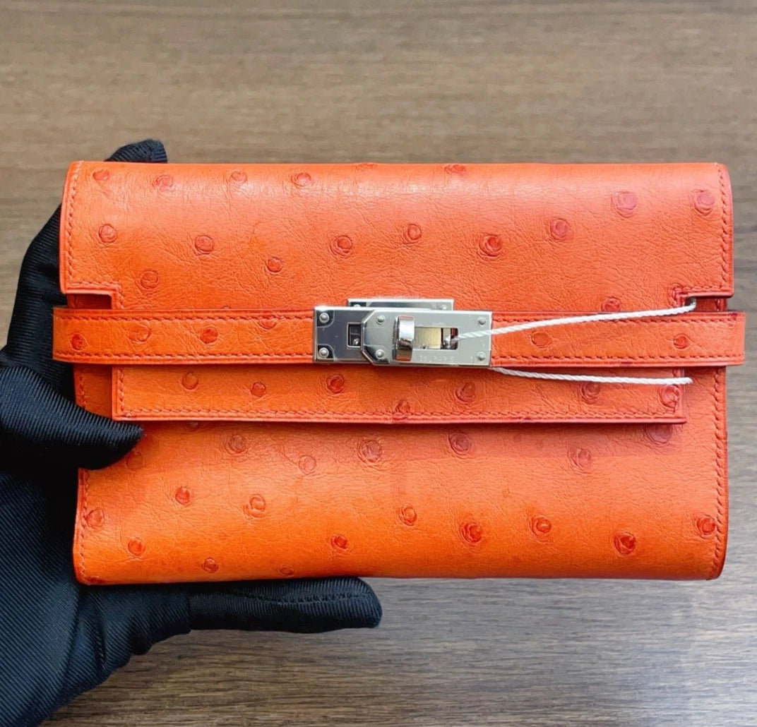 Hermes Kelly Short Wallet Orange Silver Hardware Women