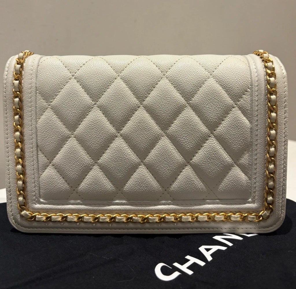 Chanel Leboy WOC Chain Shoulder Bag Crossbody White Gold Diamond Women Classic
