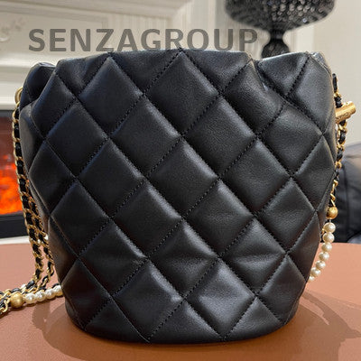 Chanel Quilted Pearl Drawstring Chain Bucket Bag Black Gold Shoulder Bag