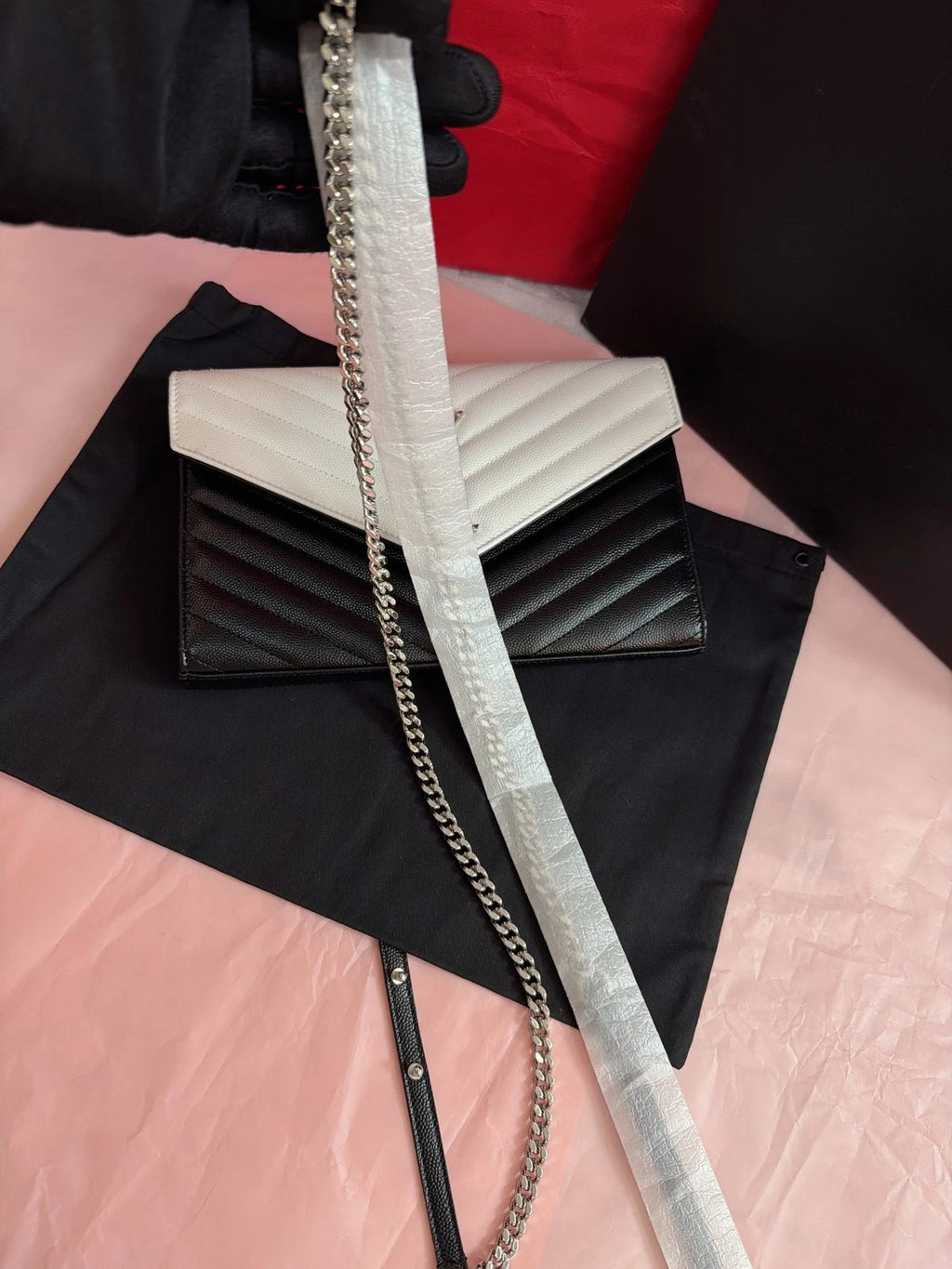 Saint Laurent Envelope MM Calfskin Chain Shoulder Crossbody Black White Women