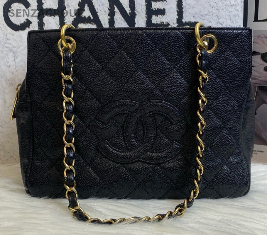 Chanel Diamond Chain Tote Shoulder Bag Black Gold Used Women Classic