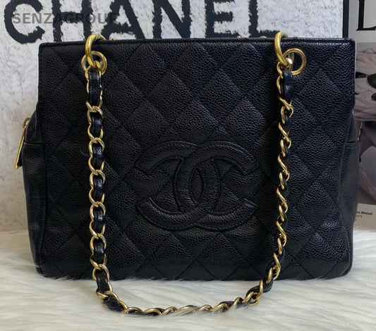 Chanel Diamond Chain Tote Shoulder Bag Black Gold Used Women Classic