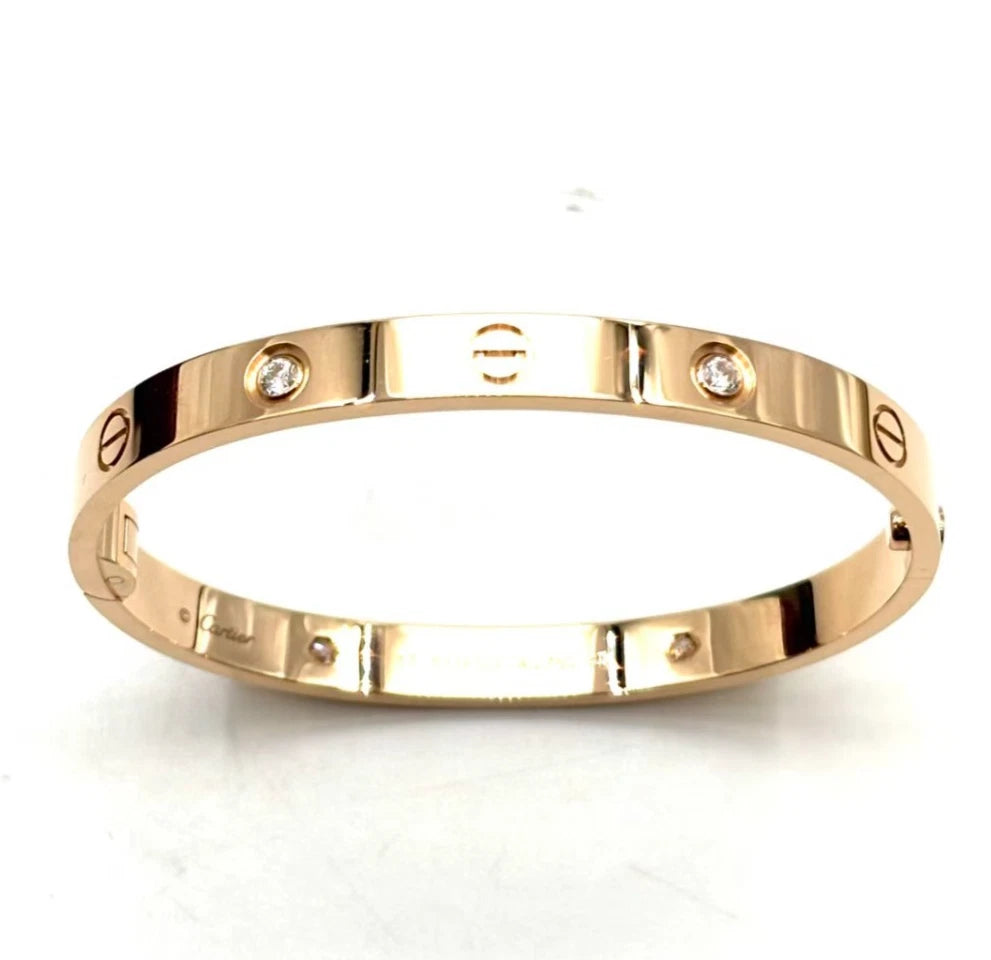 Excellent Cartier Love Classic Bracelet 18k Rose Gold Bangle 4Diamonds Size17