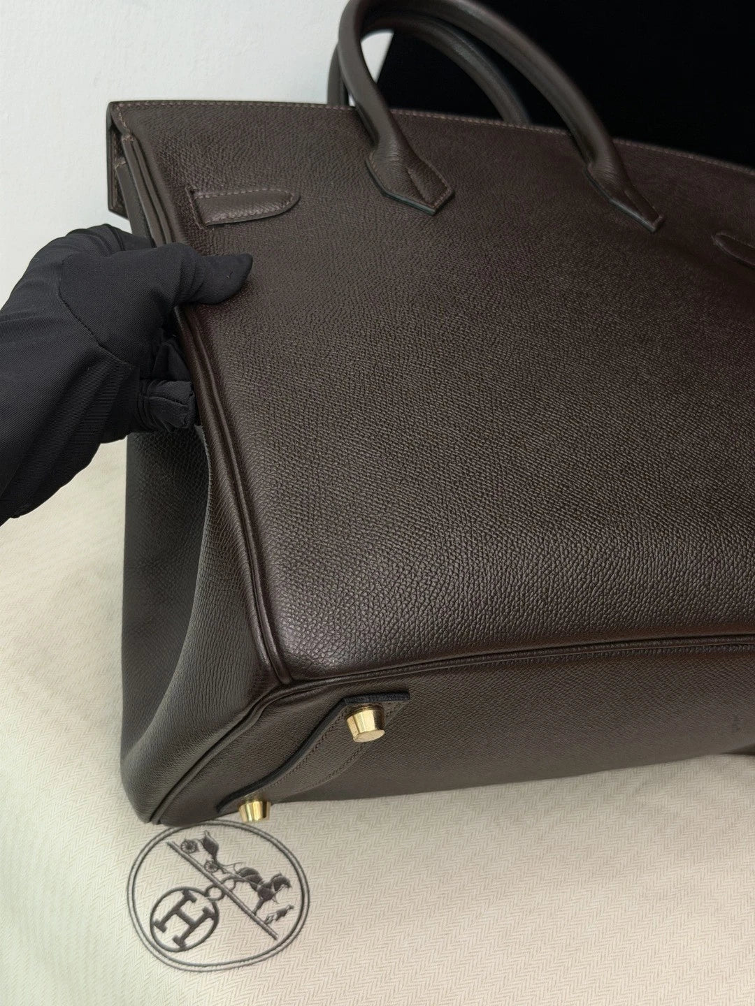 Authentic Hermes Hac 32 Ebene Epsom Leather Tote Top Handle Bag Gold Hardware