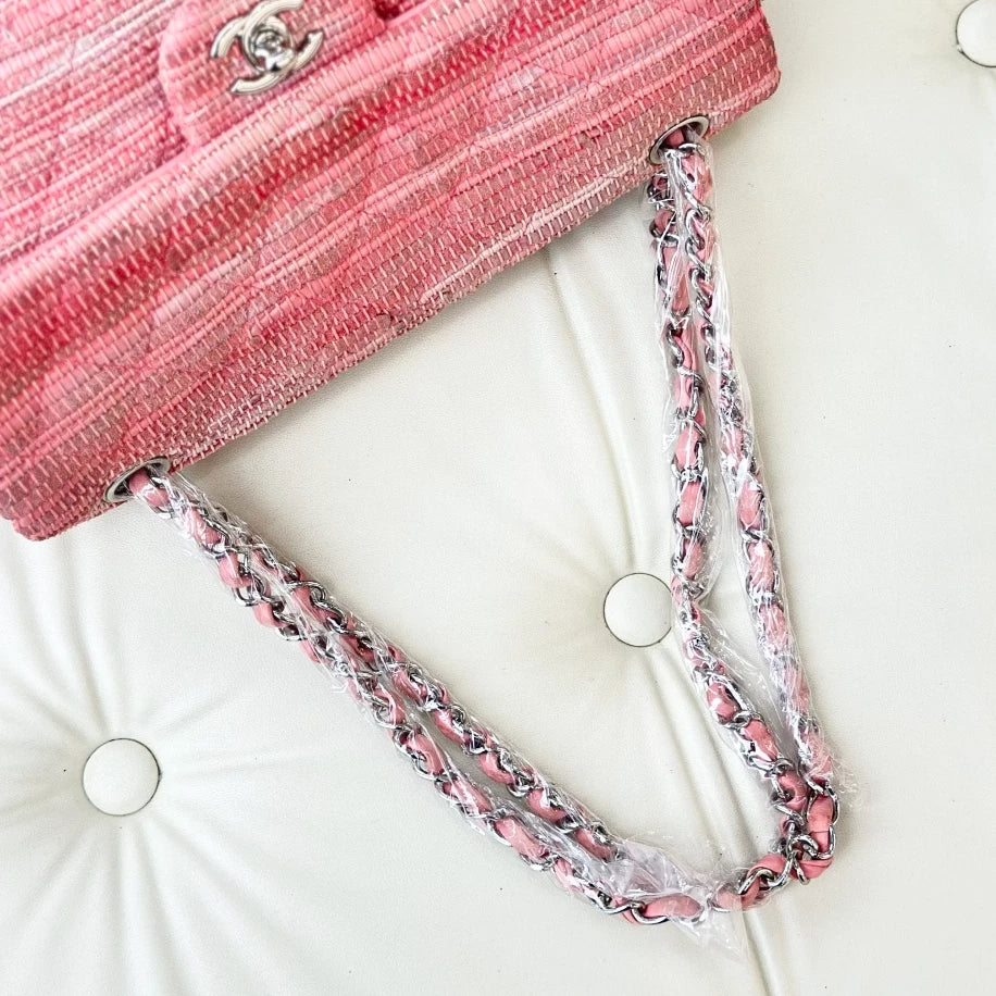 Chanel Classic Flap MM Tweed Chain Shoulder Bag Crossbody Pink Silver Women S