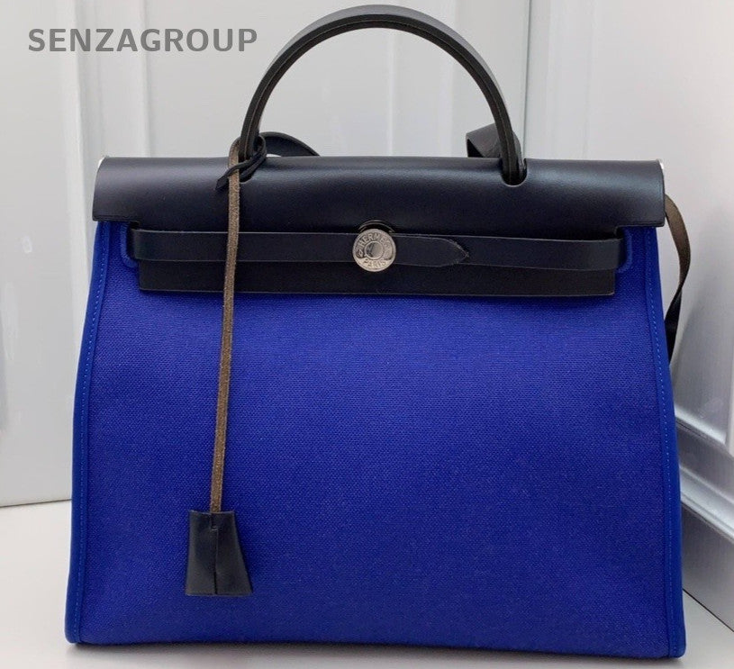 HERMES herbag Canvas Leather  Handbag Shoulder Crossbody Bag Women Blue