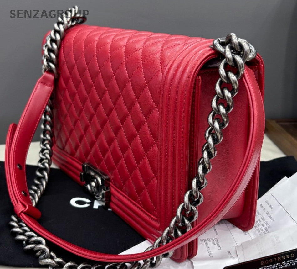 Chanel Leboy GM Chain Shoulder Bag Crossbody Red Silver Women Classic Fashion