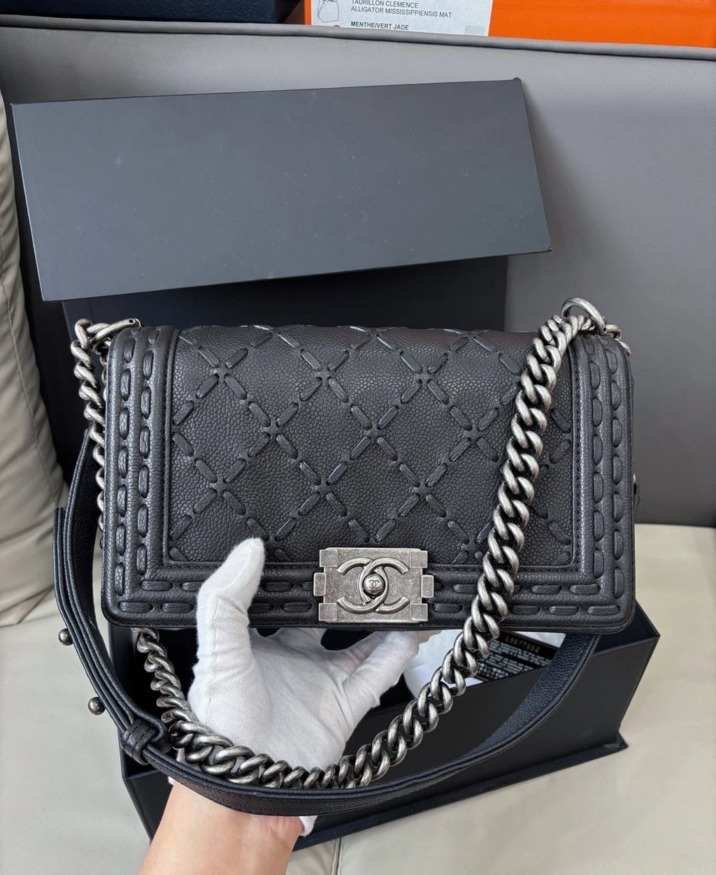 Chanel Le Boy Medium Edition Crossbody Shoulder Bag Black Silver Women Classic