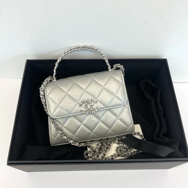 Authentic CHANEL Silver Handle Kelly Crossbody Bag For Women