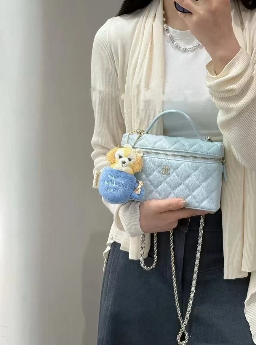 Chanel Baby Blue Leather Vanity Box Bag Gold Chain For Women
