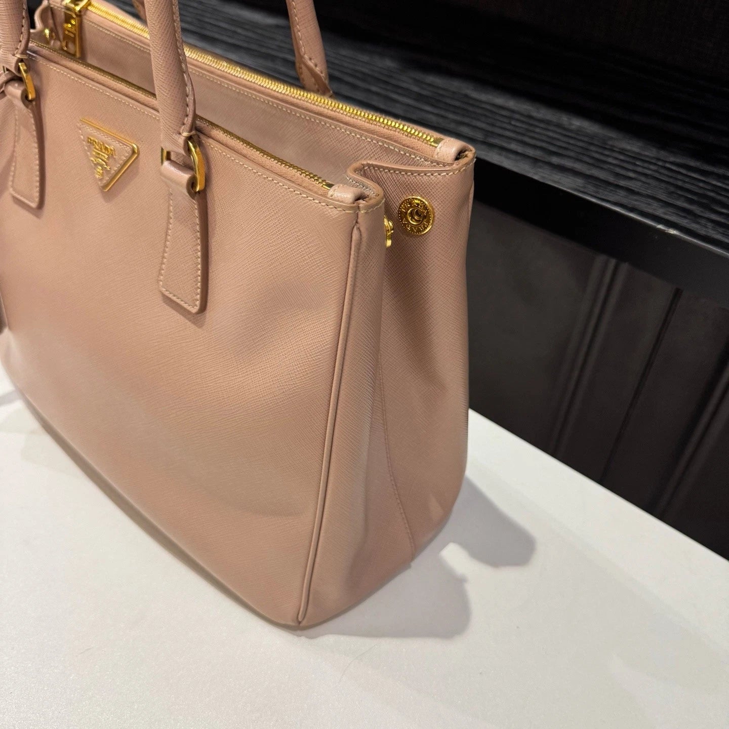 Prada Galleria 2Way Top Handle Bag Crossbody Pink Gold Women Classic