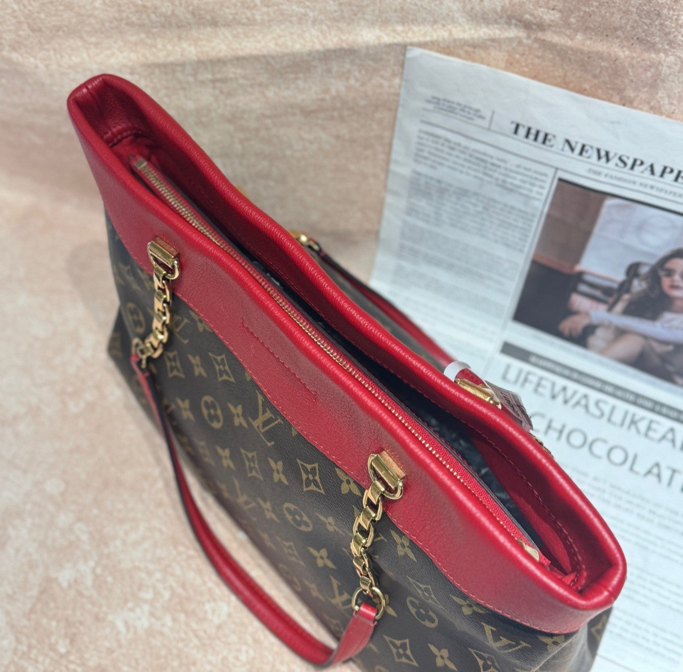 Louis Vuitton Pallas Tote Chain Monogram Shoulder Bag Brown Red Women Classic