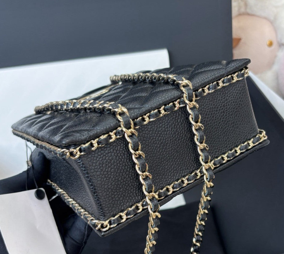 Chanel Lambskin Tote Chain Shoulder Bag Black Gold Diamond Women Classic