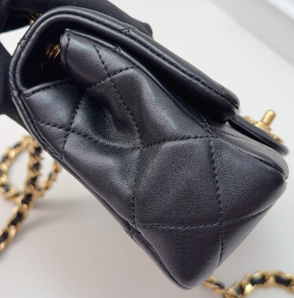 Chanel PM Chain Shoulder Bag Crossbody Black Gold Diamond Women Classic