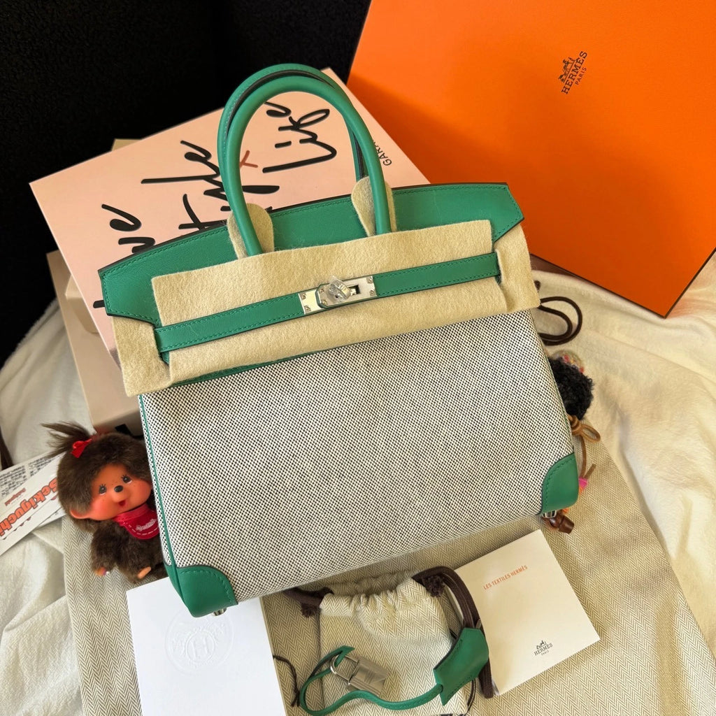 Hermes Birkin25 Canvas Green Silver Handbag For Women