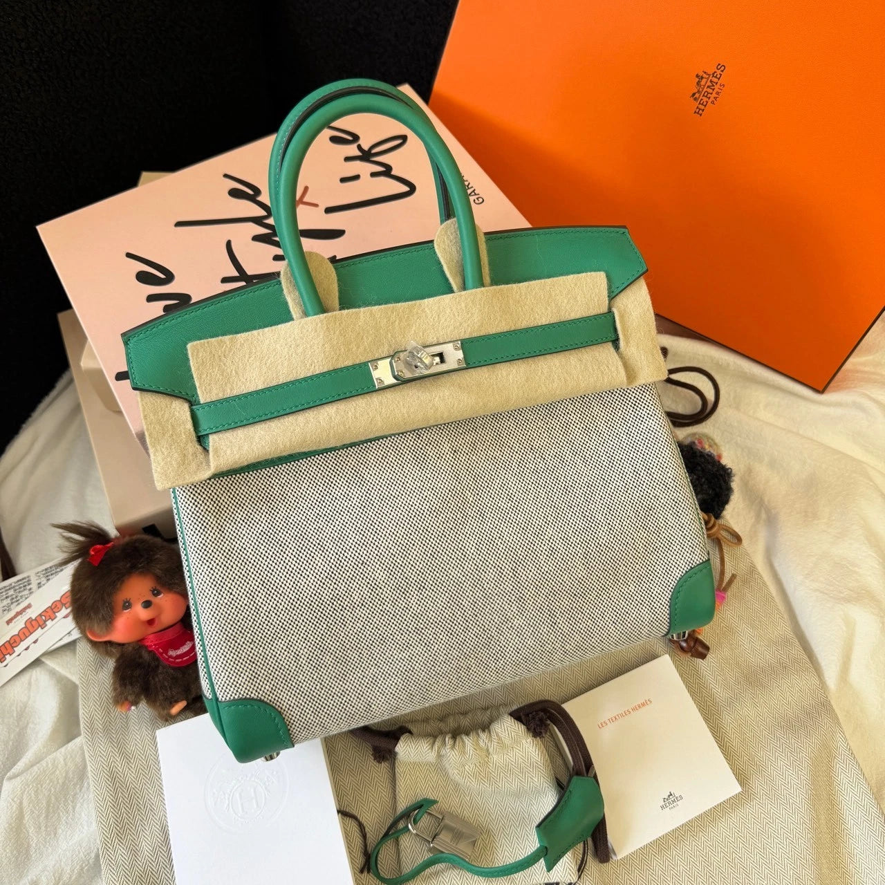 Hermes Birkin25 Canvas Green Silver Handbag For Women