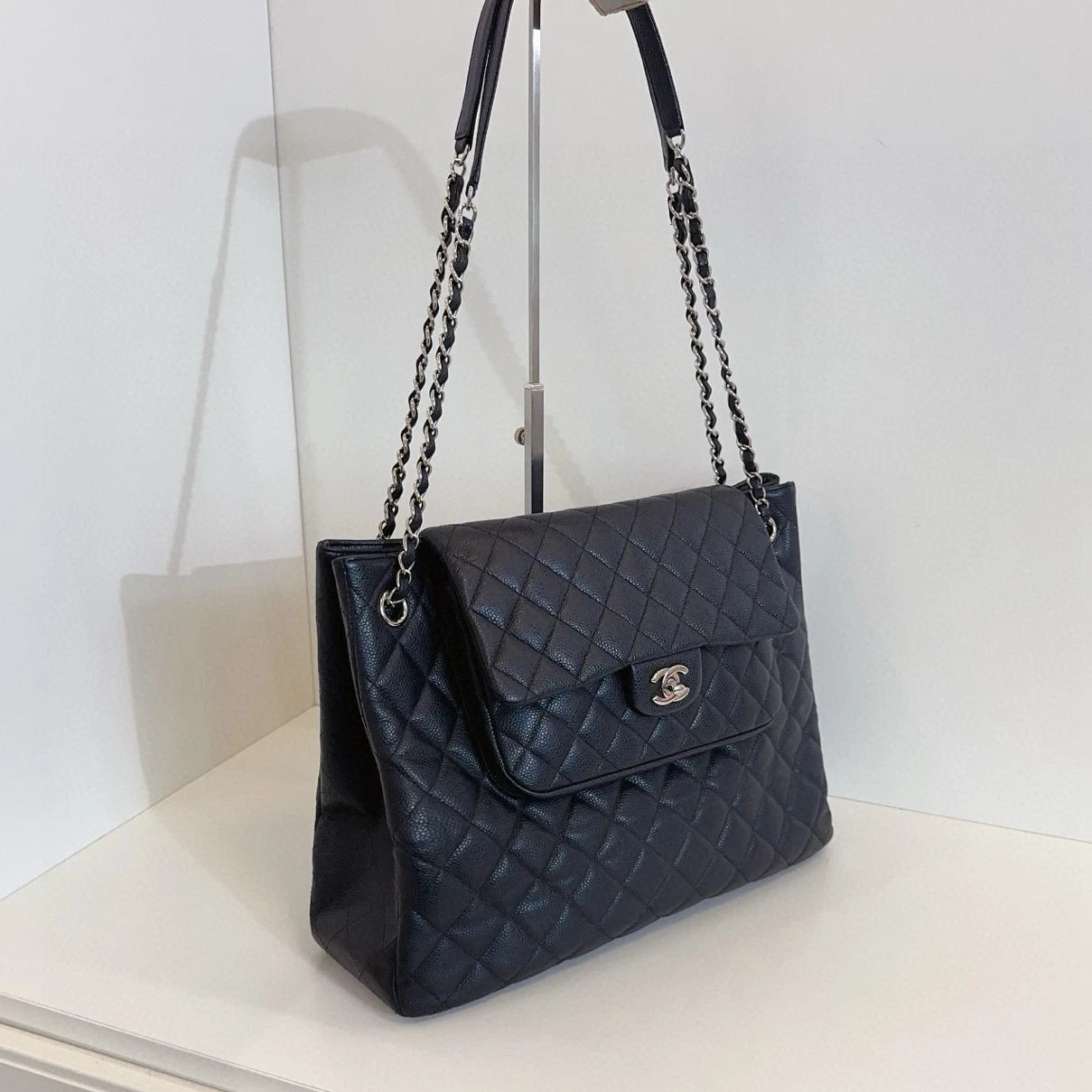 Chanel Calfskin Tote Chain Shoulder Bag Black Silver Diamond Women Classic
