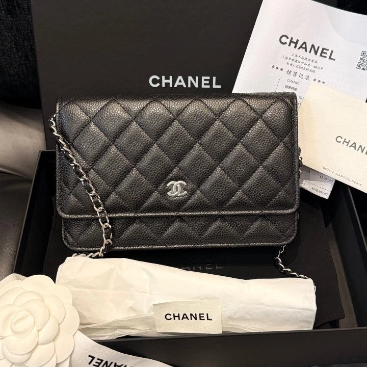 Chanel Woc Chain Calfskin Shoulder Crossbody Bag Black Silver Women D