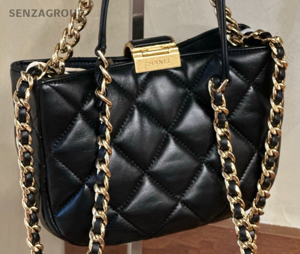 Chanel Mini Hobo Chain Handbag Shoulder Bag Black Gold Used Women Classic