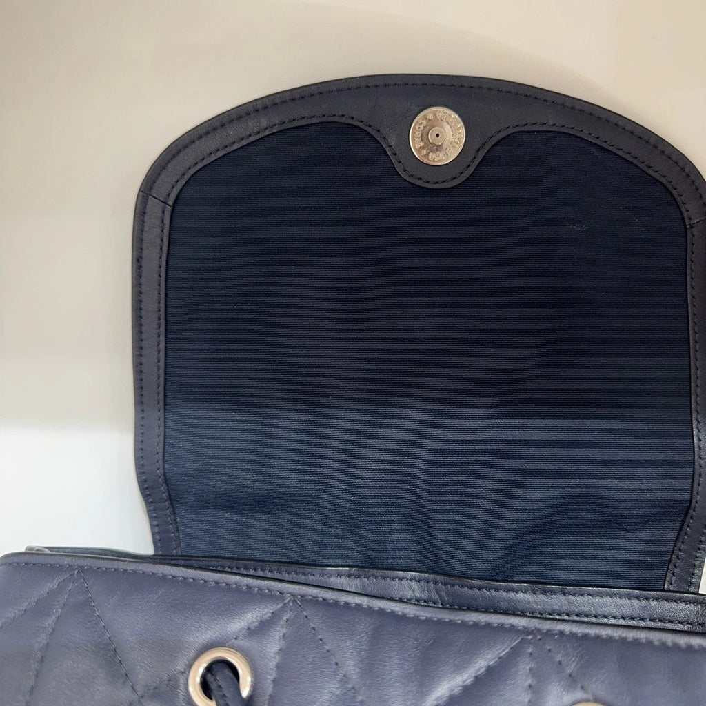 COACH Elle 25 Diamond Quilted Fabric Leather Flap Backpack Women Navy