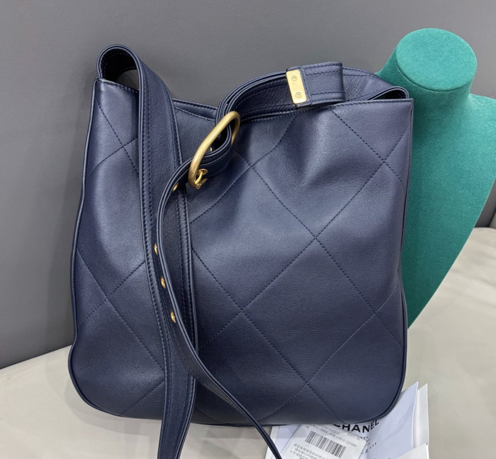 Chanel Calfskin Hobo Chain Shoulder Bag Crossbody Blue Gold Women Classic