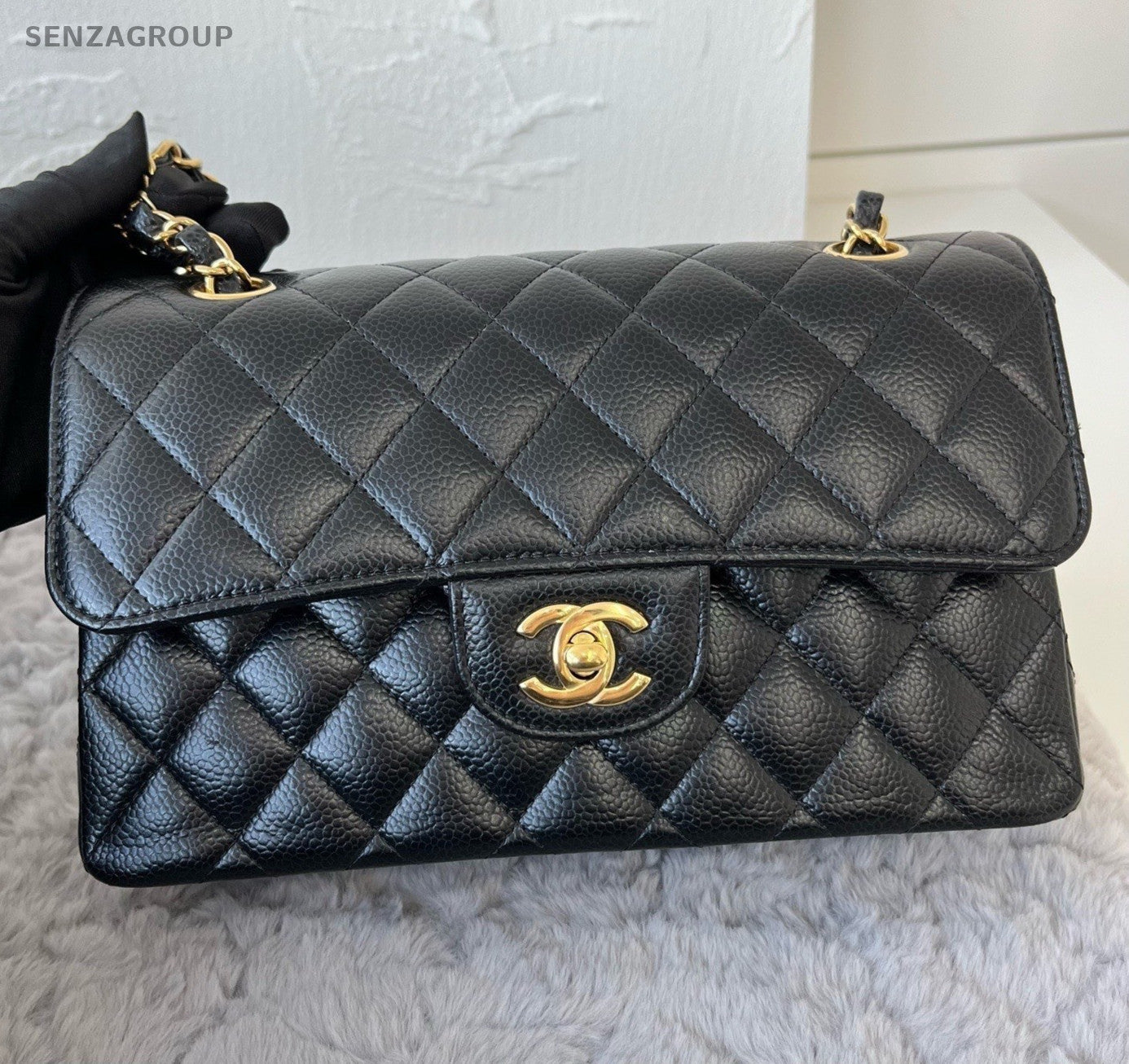 Chanel Classic Flap PM Chain Calfskin Shoulder Bag Crossbody Black Gold Women